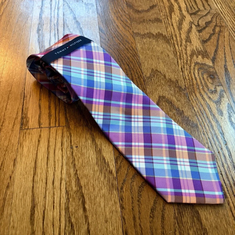 Tommy Hilfiger 100% Silk Plaid Tie | Pink Purple Blue Orange | Preppy Classic